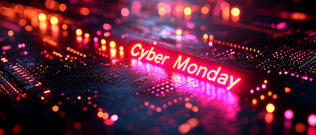 Futuristic Cyber Monday background with pink and blue neon lights over electronic circuit. Digital shopping, online discounts, and e-commerce marketing campaign. Abstract background, web banner.の素材
