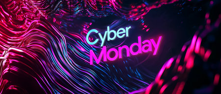 Modern abstract background with neon Cyber Monday typography. Digital shopping, online discounts and tech marketing for seasonal and e-commerce sale campaigns. Digital web banner.の素材