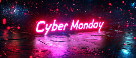 Bright cyber grid design with Cyber Monday digital lettering. Online marketing, e-commerce advertising, technology innovation, seasonal sales, futuristic retail business promotion. Abstract backgroundの素材
