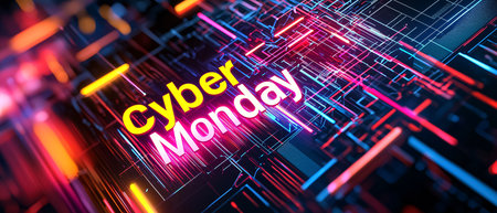 Modern abstract background with glowing tech streaks and Cyber Monday lettering. Online discounts, web promotions, advanced e-commerce marketing visuals. Holiday promotion, seasonal sales, web banner.の素材