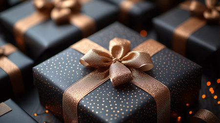 Beautifully wrapped gift box with glitter and shiny ribbon. Exclusive Black Friday, Cyber Monday discounts, special offers during the holiday shopping season. Marketing campaigns, sale advertisements.の素材