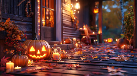 Cozy front porch decorated for Halloween with glowing jack o lantern pumpkins, candles and fairy lights at night. Autumn leaves scattered on wooden steps creating a warm festive holiday atmosphere.の素材