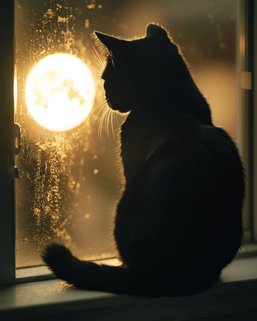 Mysterious black cat watching glowing full moon through rainy window. Cozy dark Halloween night atmosphere with candlelight reflection and magical feline silhouette indoors.の素材