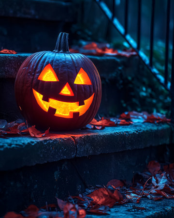 Glowing jack o lantern carved pumpkin with evil smile on front porch stairs surrounded by autumn leaves. Spooky Halloween night decoration with warm candlelight outdoors.の素材
