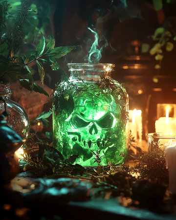 Mysterious glowing green potion in glass jar with skull-shaped smoke and candles around. Magical Halloween alchemy scene with eerie mist, witchcraft and dark enchanted forest background.の素材