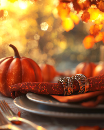 Beautiful Thanksgiving themed table setting with pumpkins, napkins, warm lights and seasonal textures. Autumn decor ads, holiday promotional visuals. Glowing fall decor, elegant cozy atmosphere.の素材