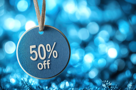 Blue sale 50 percent off label design with copy space. Winter holidays, retail campaign, seasonal discount advertising, special offers, clearance, promotional marketing. Christmas, New Year sales.の素材