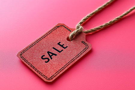 Minimal red SALE tag on pink background with rope. Modern retail marketing, online shopping discount, e-commerce promotion, Black Friday, Cyber Monday, and minimal product design for sale advertising.の素材