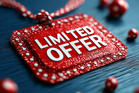Red shiny tag with Limited Offer text and bead decorations. Luxury sale, exclusive promotion, special discount marketing. Black Friday, Cyber Monday, seasonal sales. Festive advertising, e-commerce.の素材