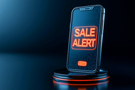 Smartphone with glowing Sale Alert text. Mobile shopping, digital marketing promotion, e-commerce notifications, Black Friday, Cyber Monday, seasonal sales. Online business technology advertising.の素材