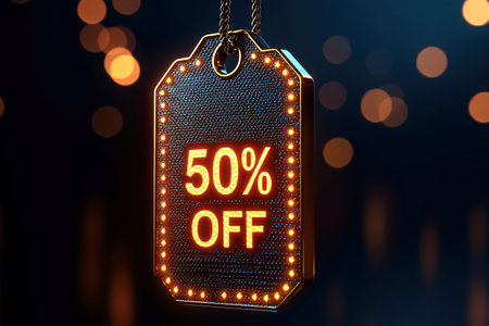 Glowing black tag 50 percent off. Sale holiday promotion, limited time retail offer, digital shopping discount, advertising banner, store, e-commerce marketing campaign. Seasonal sales concept.の素材