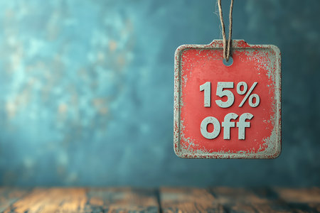 Retro promotional tag 15 percent off with copy space. Small discounts, shopping event, retail clearance, advertising campaign, holiday promotion concept. Limited offer marketing design. Seasonal salesの素材