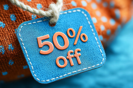 Blue stitched tag with 50 percent off text. Retail discount, sale promotion, online shopping marketing. Black Friday, Cyber Monday, price reduction. E-commerce advertising concept with modern texture.の素材