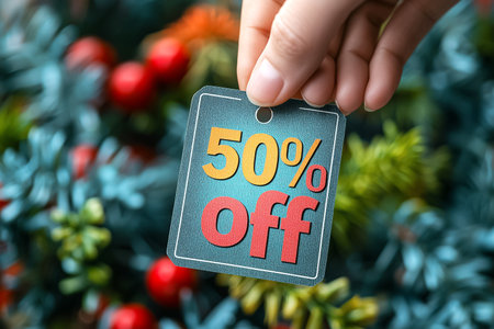 Hand holding label with 50 percent off tag over Christmas tree background. Retail promotion, holiday sale discount, festive shopping. Black Friday, Cyber Monday, New Year marketing advertisement.の素材