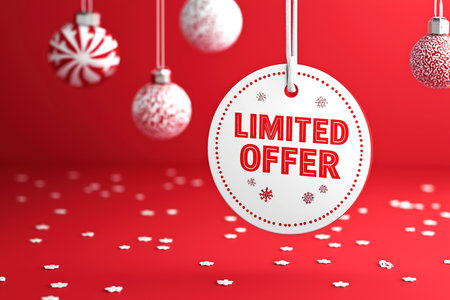 Festive limited offer label design with copy space. Christmas, New Year sale campaign. Winter marketing, retail promotion, discount advertising, seasonal sales, holiday concept. Bright red background.の素材