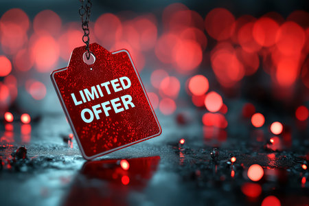 Limited offer red tag with copy space. Holiday sale concept. Advertising campaign, product discounts, e-commerce marketing visuals focused, special retail promotions. Seasonal sales promotion.の素材