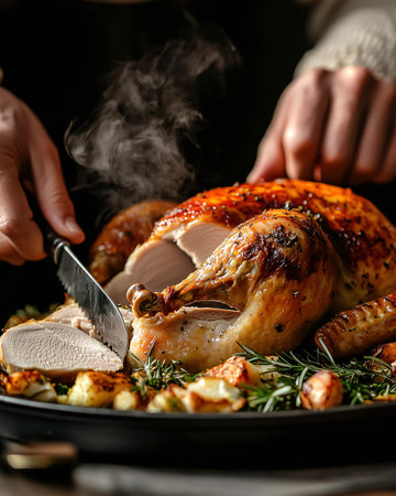 Chef carving delicious roasted Thanksgiving or Christmas turkey on festive table. Served warm holiday meal preparation. Family dinner. Autumn feast. Celebration food. Seasonal festive designs.の素材