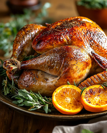 Whole roasted turkey with orange slices, spices, herbs placed on festive table. Thanksgiving or Christmas celebration. Traditional autumn holiday food. Seasonal family dinner visuals. Feast atmosphereの素材
