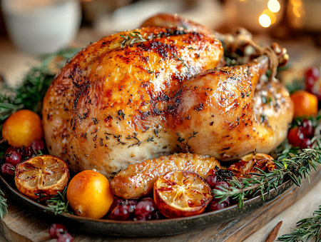 Whole golden-brown roasted turkey with oranges, herbs, cranberries. Thanksgiving or Christmas dinner. Warm traditional New Year atmosphere and holiday feast. Festive family meal. Seasonal marketing.の素材