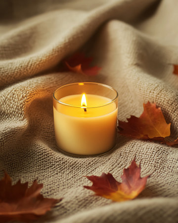 Cozy candle burning on warm fabric surrounded by autumn leaves. Fall comfort, calm atmosphere, Thanksgiving home decoration inspiration. Holiday concepts, seasonal marketing materials, festive designsの素材