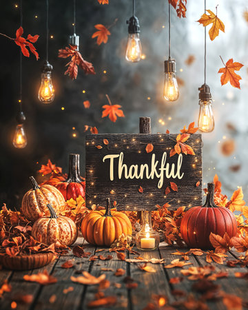 Festive Thanksgiving decor with pumpkins, string lights, candles, and thankful sign on rustic wooden background. Seasonal autumn cards, fall advertising visuals. Warm cozy atmosphere, festive designs.の素材