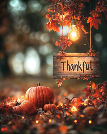 Beautiful fall decor setup with wooden Thankful sign, pumpkins, fairy lights and autumn foliage. Seasonal gold background, Thanksgiving spirit, harvest, gratitude theme. Seasonal marketing materials.の素材