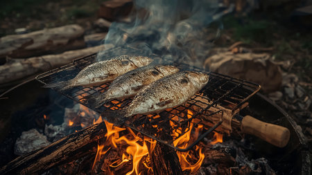 Whole fish grilled over open fire on outdoor barbecue, rustic camp cooking with smoke and flames. Traditional meal prepared on wood fire. Fresh seafood. Summer picnic. Authentic culinary experience.の素材