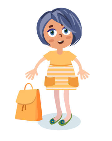 Cute fashionable girl in stylish clothes with bags smiles. Funny cartoon character. Vector illustration isolated on white background. Vector illustrationのイラスト素材