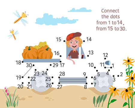 FarmerFarmer in truck with good harvest of vegetables. Connect the dots from 1 to 30. Game for kids. Vector illustration. in truck with good harvest of vegetables. Connect the dots from 1 to 30. Gameのイラスト素材