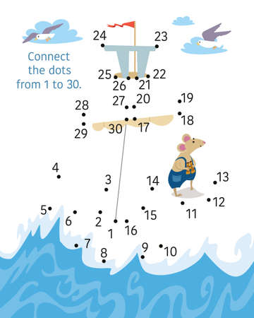 Ship with mouse captain. Activity page for kids. Educational game. Connect dots from 1 to 30. Vector illustration. Vector illustrationのイラスト素材