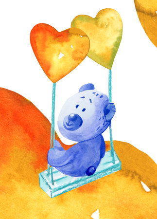 Watercolor painting for room. Teddy bear on swing. Hand draw full color illustrations for postcards, congratulations, interior design. High quality photoの写真素材