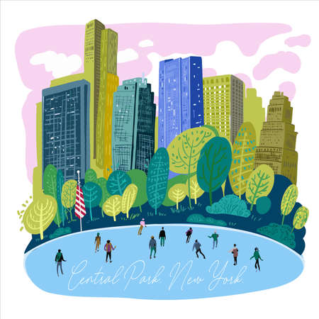 Central Park, New York. Residents and tourists go ice skating. Postcard. Vector illustration. Vector illustrationのイラスト素材