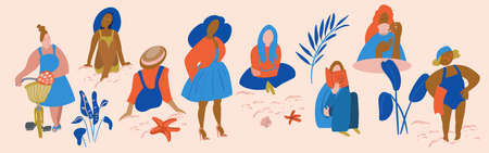 Big set of isolated icons in blue and orange colors. Girl reads book, woman near bicycle, full model...
