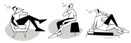 Set vector creative black and white illustrations of geometric people talking on the phone. Logos, icons for design. Vector illustrationのイラスト素材