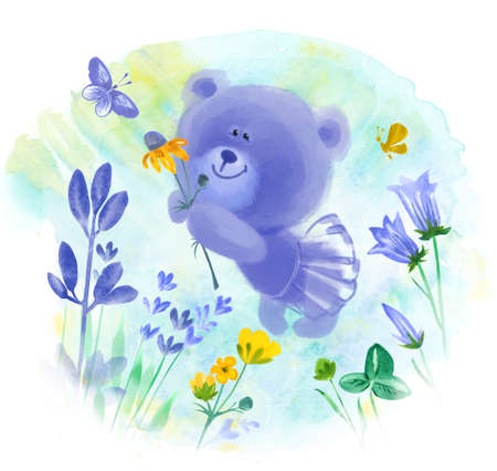 Cute watercolor teddy bear girl in meadow with flower. Hand draw full color illustrations for postcards, congratulations, interior design. High quality photoの写真素材