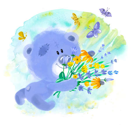 Cute watercolor teddy bear in meadow with bouquet of flowers. Hand draw full color illustrations for postcards, congratulations, interior design. High quality photoの写真素材