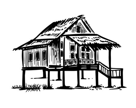 Bungalow on stilts with steep stairs in exotic country. Vacation, tourism on island. Handmade, vector illustration. Vector illustrationのイラスト素材