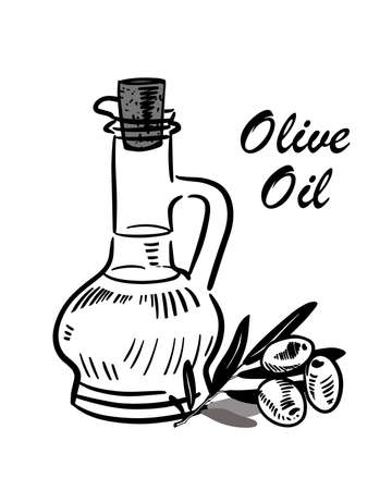 Olive oil in figured glass bottle, olive branch. Vector isolated illustration hand-drawn picture. Vector illustrationのイラスト素材