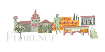 Florence banner with landmarks icons set. Traditional symbols, buildings full color vector illustration. Vector illustrationのイラスト素材