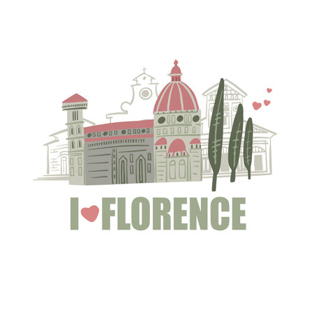 Florence poster with landmarks icons. Cartoon doodle art card for print. Traditional symbols, buildings full color cartoon vector illustration. Vector illustrationのイラスト素材