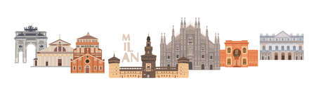 Milan banner of buildings world famous places. Italy. Cartoon doodle art for design. Traditional symbols full color vector illustration. Vector illustrationのイラスト素材