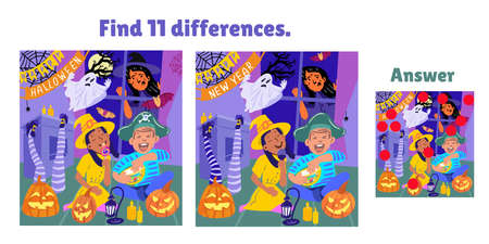 Find 11 Differences. Happy Halloween. Girl and boy eating sweets in room with pumpkins. Game for children. Activity, vector. Vector illustrationのイラスト素材