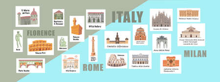 Building famous places Italy stickers. Cartoon doodle art for design. Traditional symbols full color vector illustration. Vector illustrationのイラスト素材