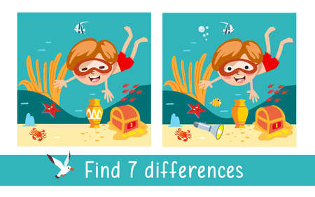 Boy underwater with marine life. Find 7 differences. Game for children. Activity, vector. Vector illustrationのイラスト素材