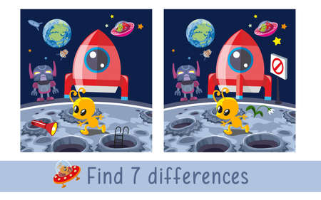 Rocket and alien on moon. Find 7 differences. Game for children. Activity, vector. Vector illustrationのイラスト素材