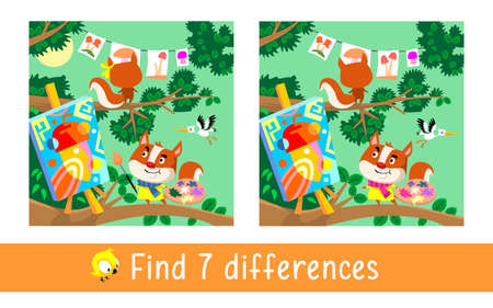 Forest painting school for squirrels. Find 7 differences. Game for children. Activity, vector. Vector illustrationのイラスト素材