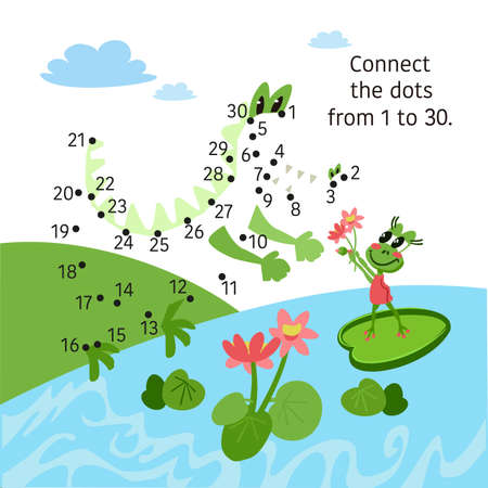 Bouquet of lotuses for crocodile. Activity page for kids. Educational game. Connect dots from 1 to 30. Vector illustrationのイラスト素材