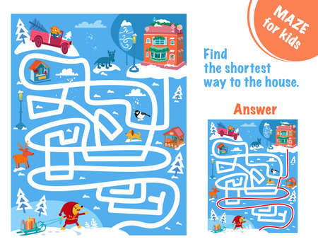 Find the shortest way to the house. Maze game for kids. Full color hand drawing vector illustration. Vector illustrationのイラスト素材