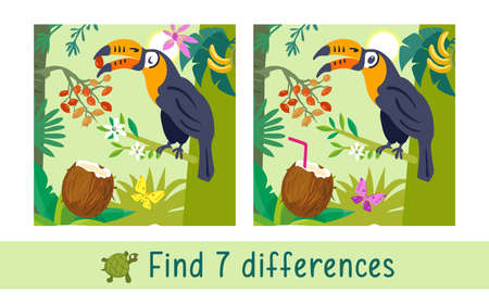 Toucan on branch in tropical forest. Find 7 differences. Game for children. Activity, vector. Vector illustrationのイラスト素材