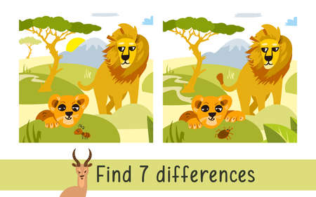 Inquisitive lion cub and caring lion dad. Find 7 differences. Game for children. Activity, vector. Vector illustrationのイラスト素材